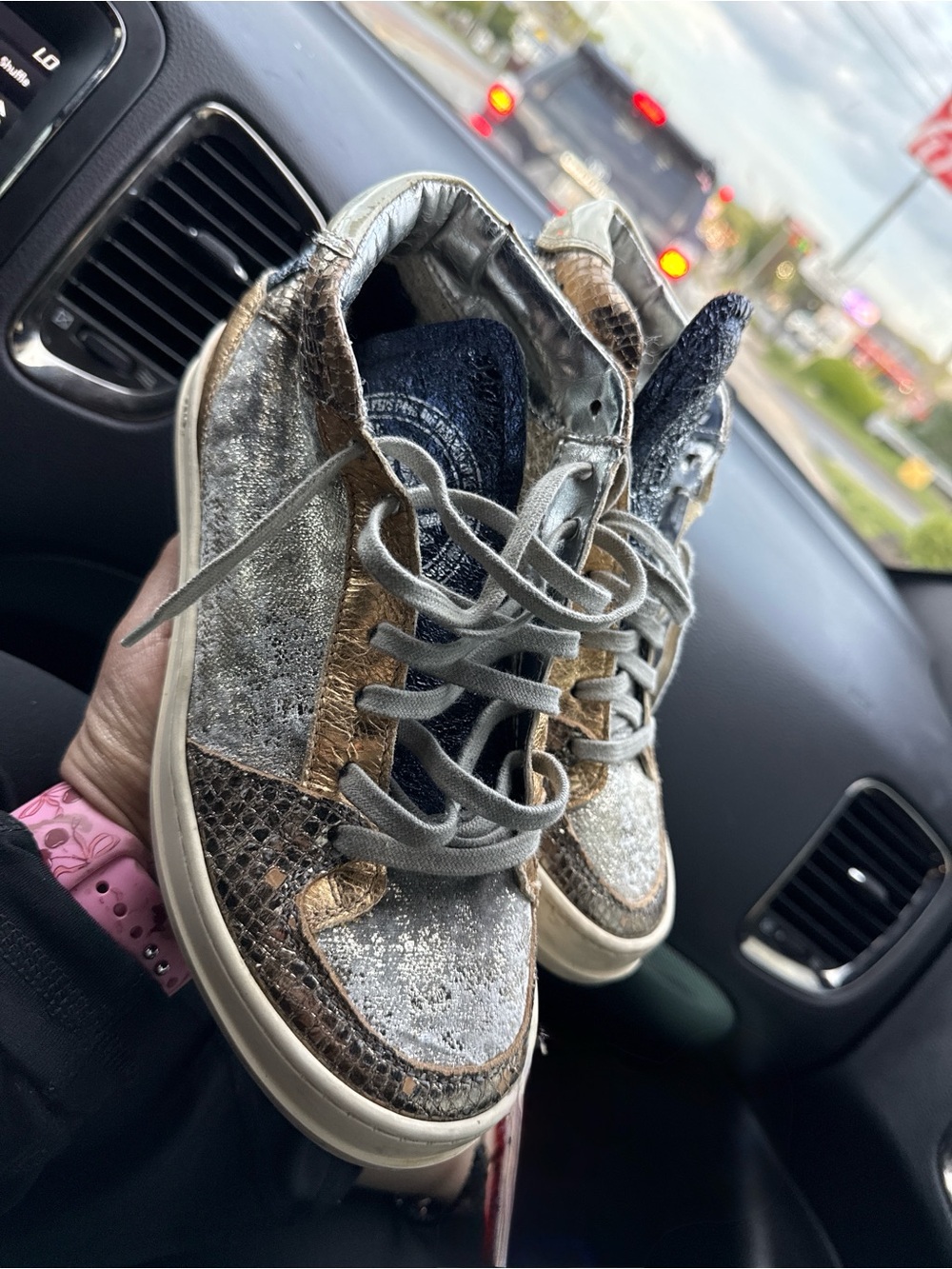 P448 Metallic Silver and Gold Mixed-Texture Lace-Up Sneakers